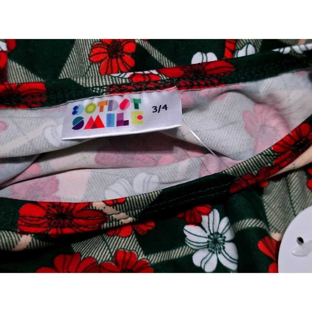 DotDotSmile Kids Plaid Floral Short Sleeve Twirl Dress Green Red 3/4 NEW‎
